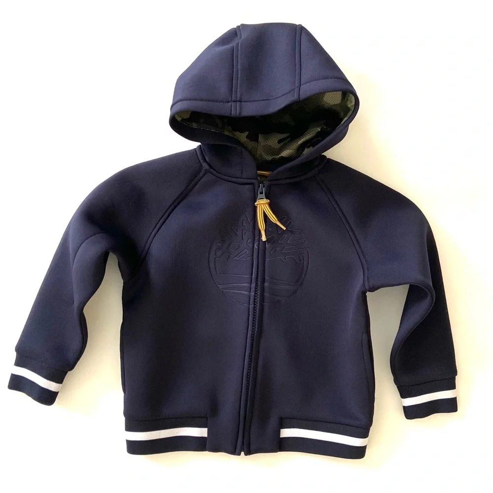 Timberland Kids Navy Blue Scuba Neoprene Zip Hoodie Embossed Logo, Boy’s Size 4